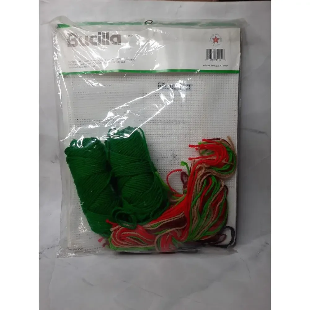 Vintage Bucilla Christmas Plastic Canvas Kit Poinsettia In Basket Doorstop